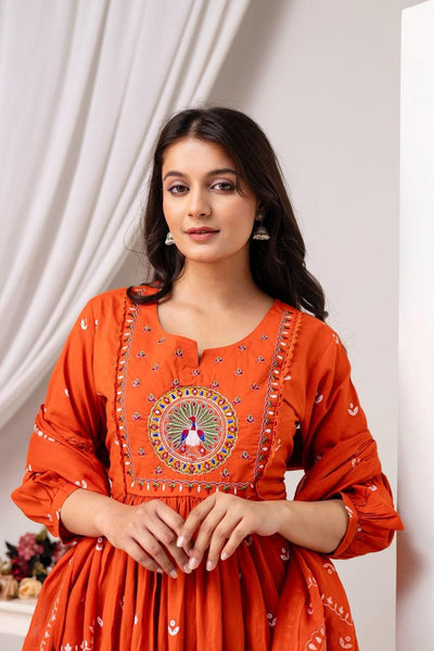 Orange Cotton Suit with Mirror Work & Light Embroidery