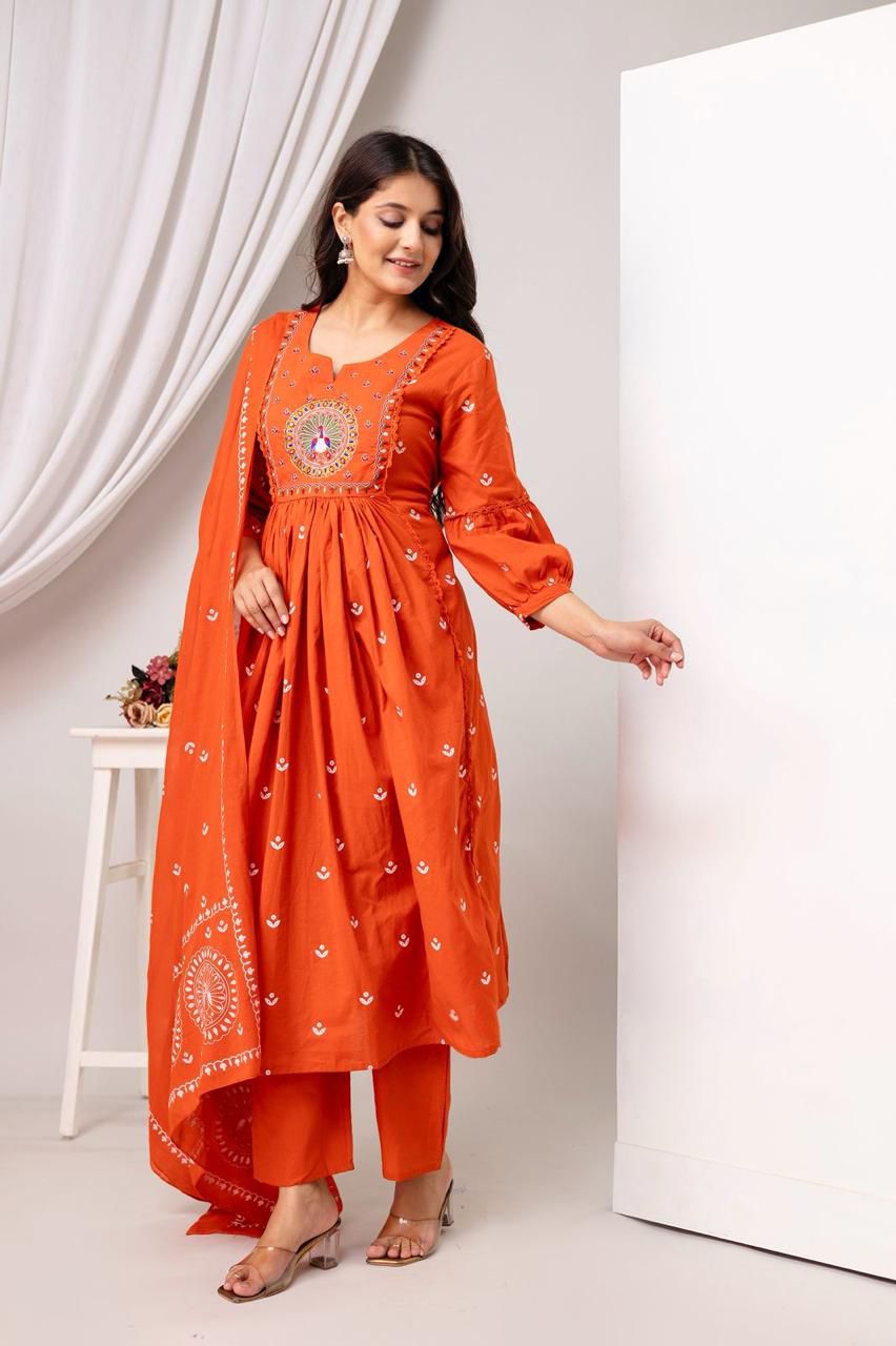Orange Cotton Suit with Mirror Work & Light Embroidery
