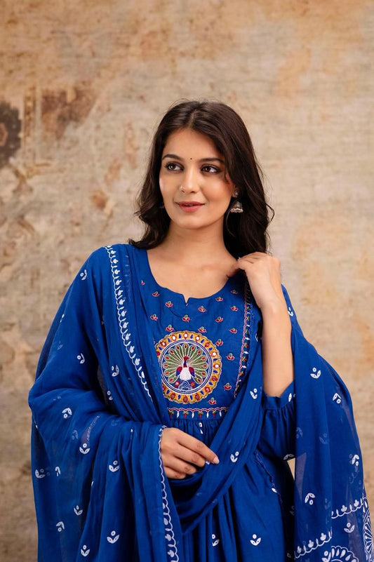 Blue Cotton Suit with Mirror Work & Light Embroidery