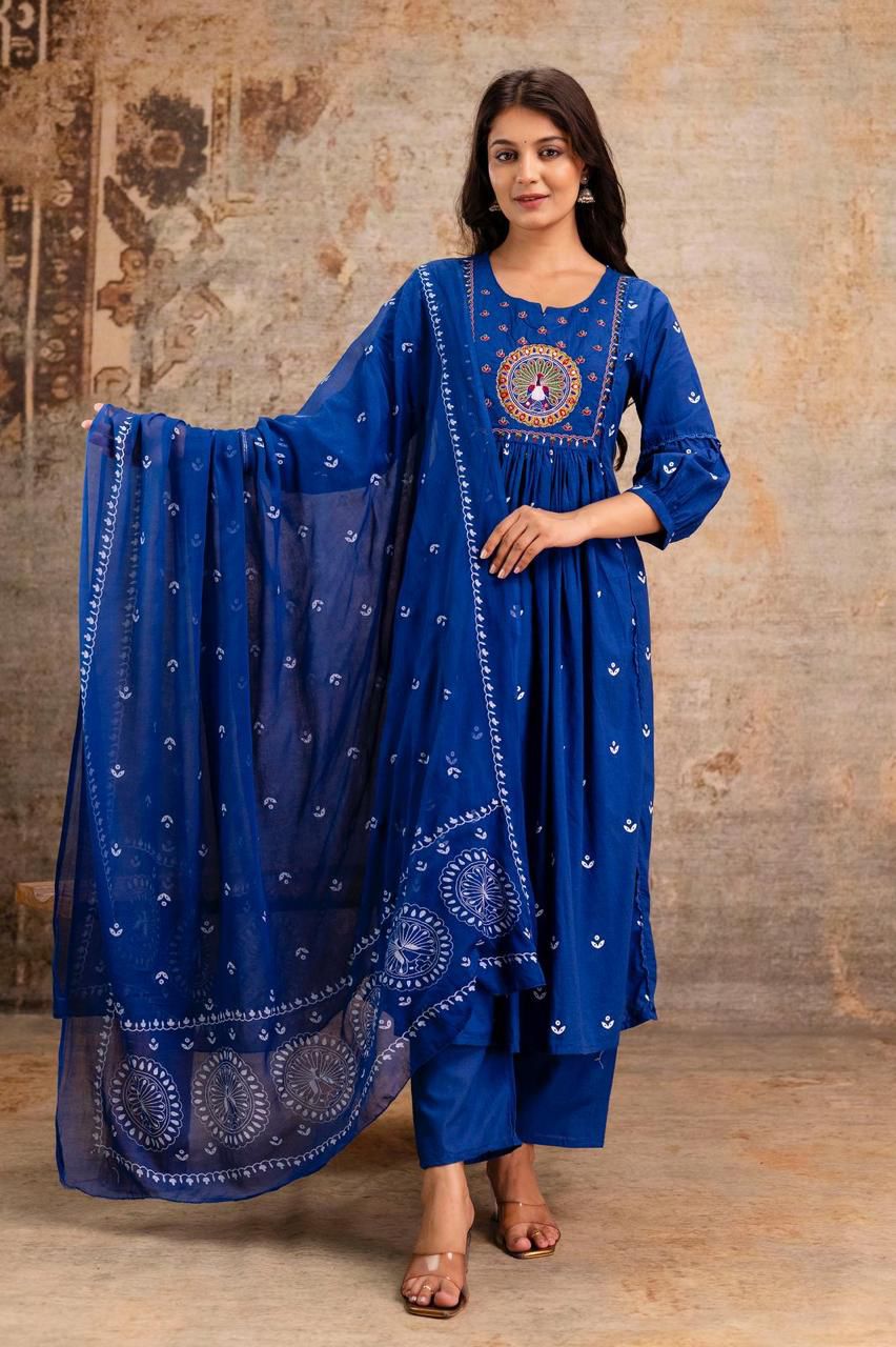 Blue Cotton Suit with Mirror Work & Light Embroidery