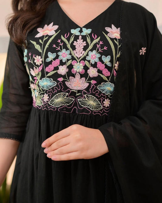 Black Cotton Suit with Floral Print