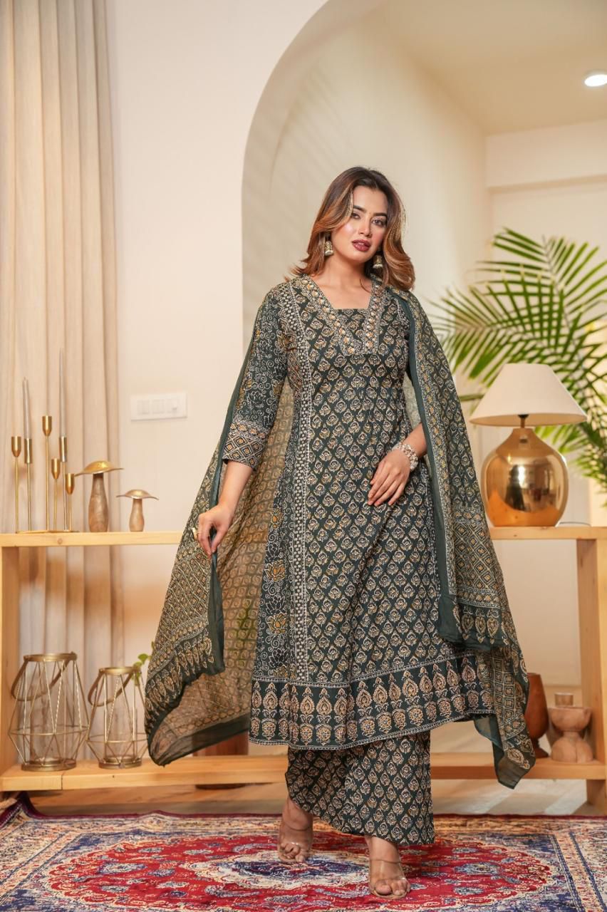 Blue Cotton Suit with Mirror Work & Embroidery