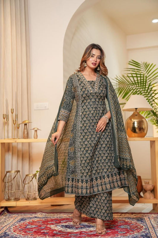 Blue Cotton Suit with Mirror Work & Embroidery