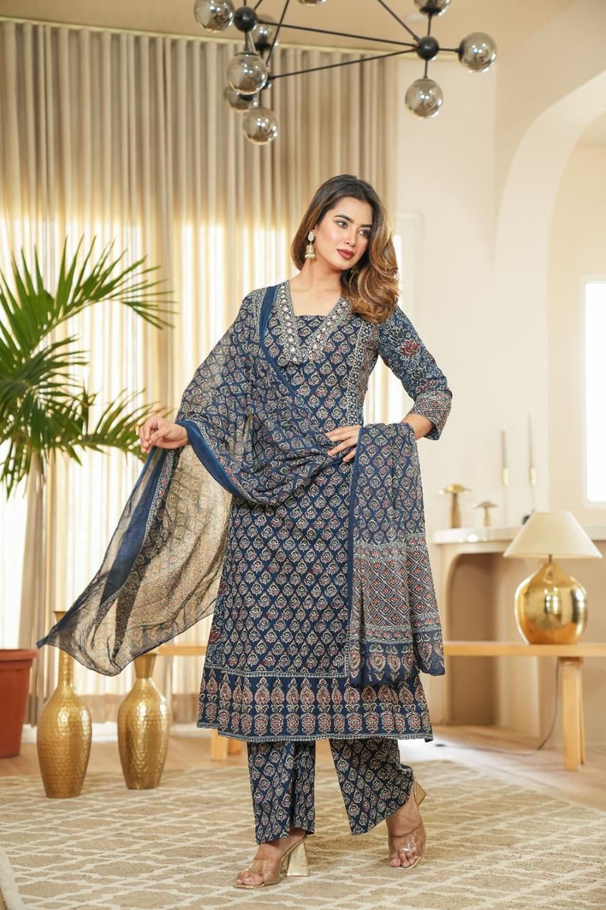 Blue Cotton Suit with Mirror Work & Embroidery