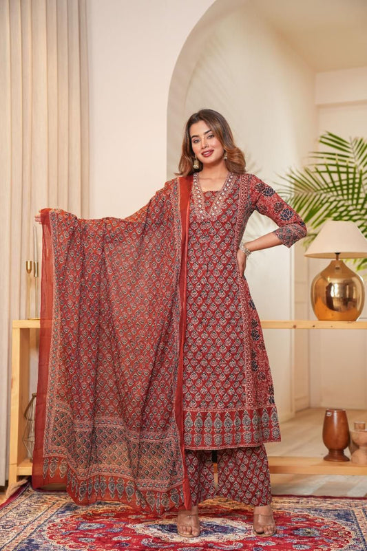 Red Cotton Suit with Mirror Work & Embroidery
