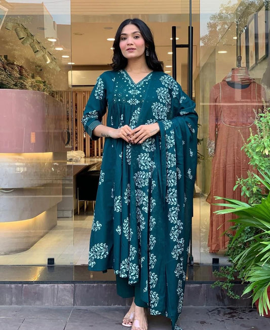 Blue Cotton Suit with Mirror Printed Work