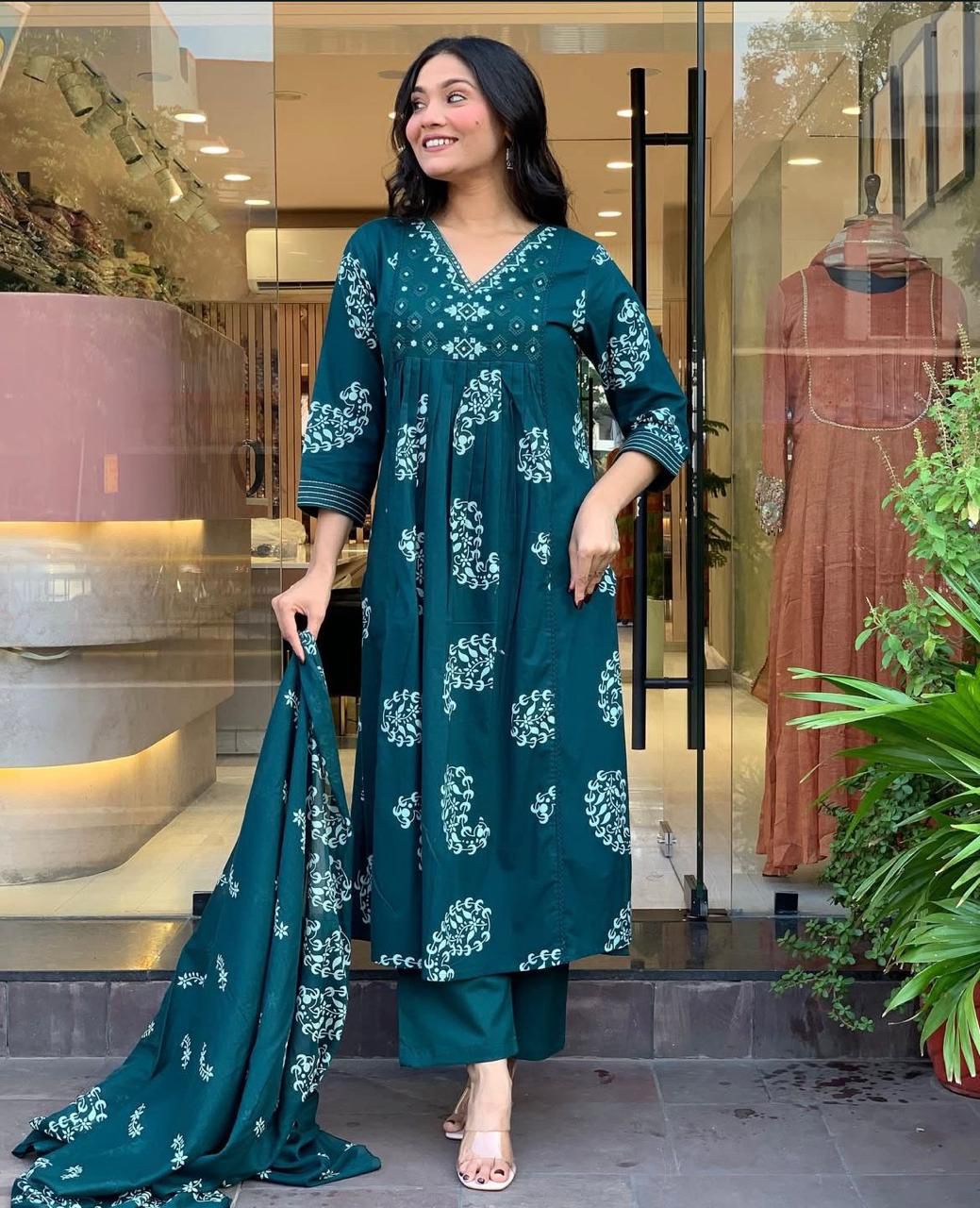 Blue Cotton Suit with Mirror Printed Work