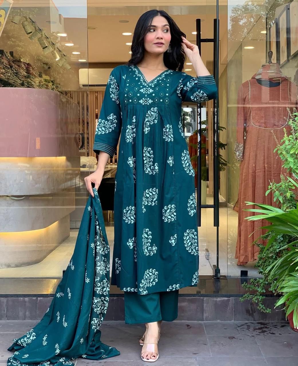 Blue Cotton Suit with Mirror Printed Work