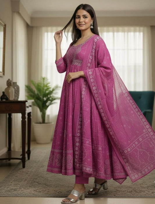 Bandhani Anarkali Cotton Kurta Set with Dupatta – Mirror Work