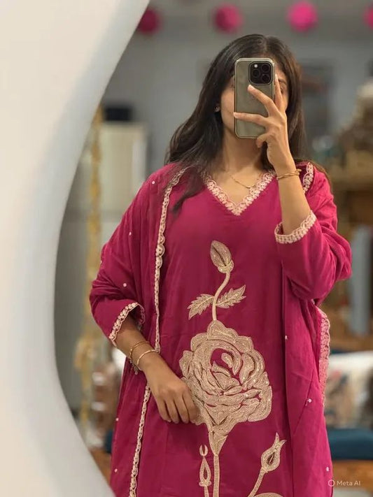 Rose Applique Cotton Kurta Pant Dupatta Set