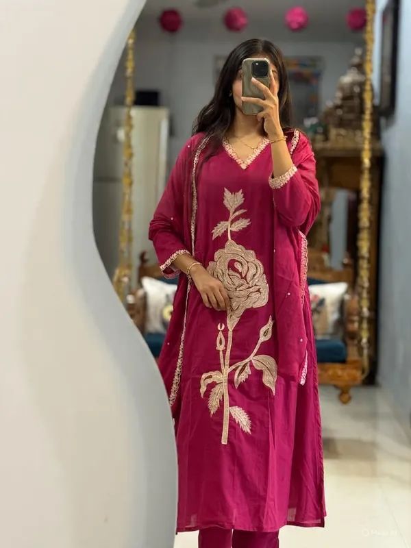 Rose Applique Cotton Kurta Pant Dupatta Set