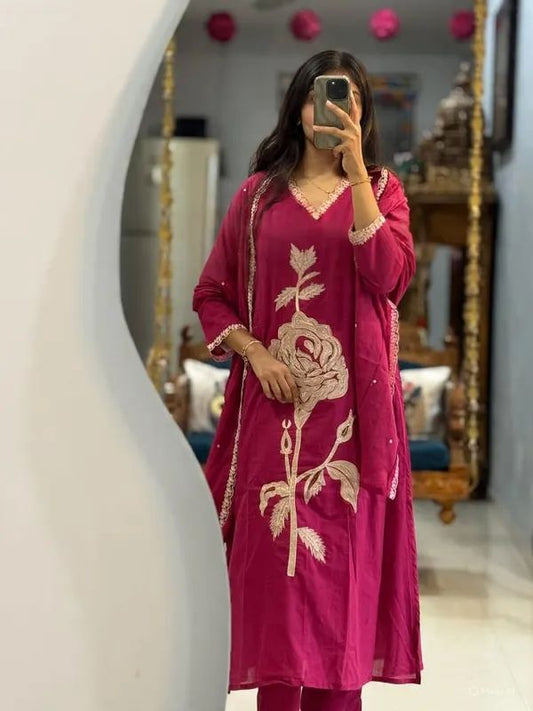 Rose Applique Cotton Kurta Pant Dupatta Set