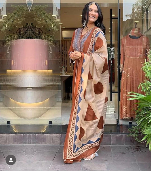 Angrakha Style Cotton Kurta Pant Dupatta Set