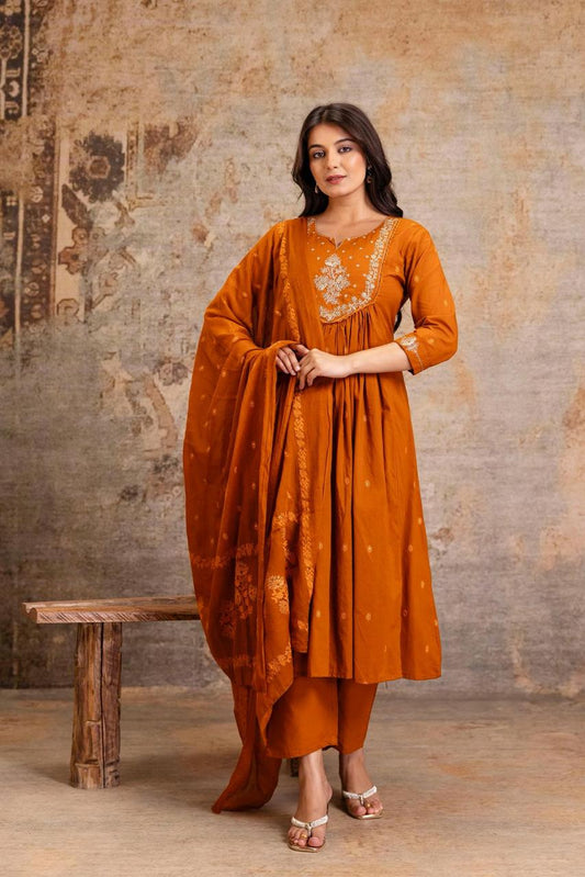 Embroidered Cotton A-Line Kurta Set