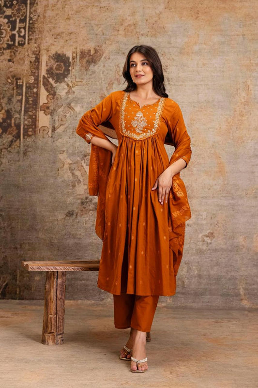 Embroidered Cotton A-Line Kurta Set