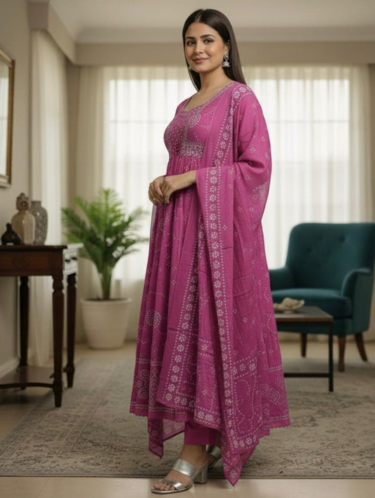 Bandhani Anarkali Cotton Kurta Set with Dupatta – Mirror Work