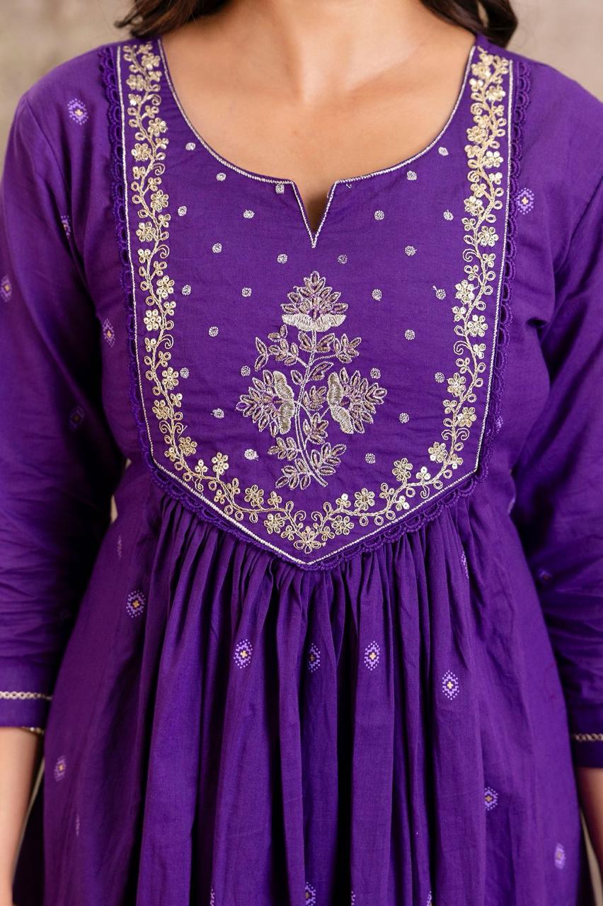 Embroidered A-Line Cotton Kurta Pant Dupatta Set