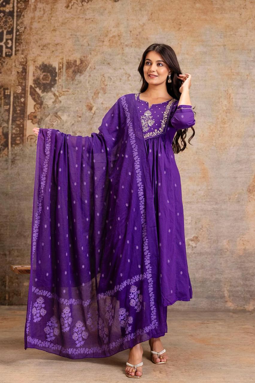 Embroidered A-Line Cotton Kurta Pant Dupatta Set