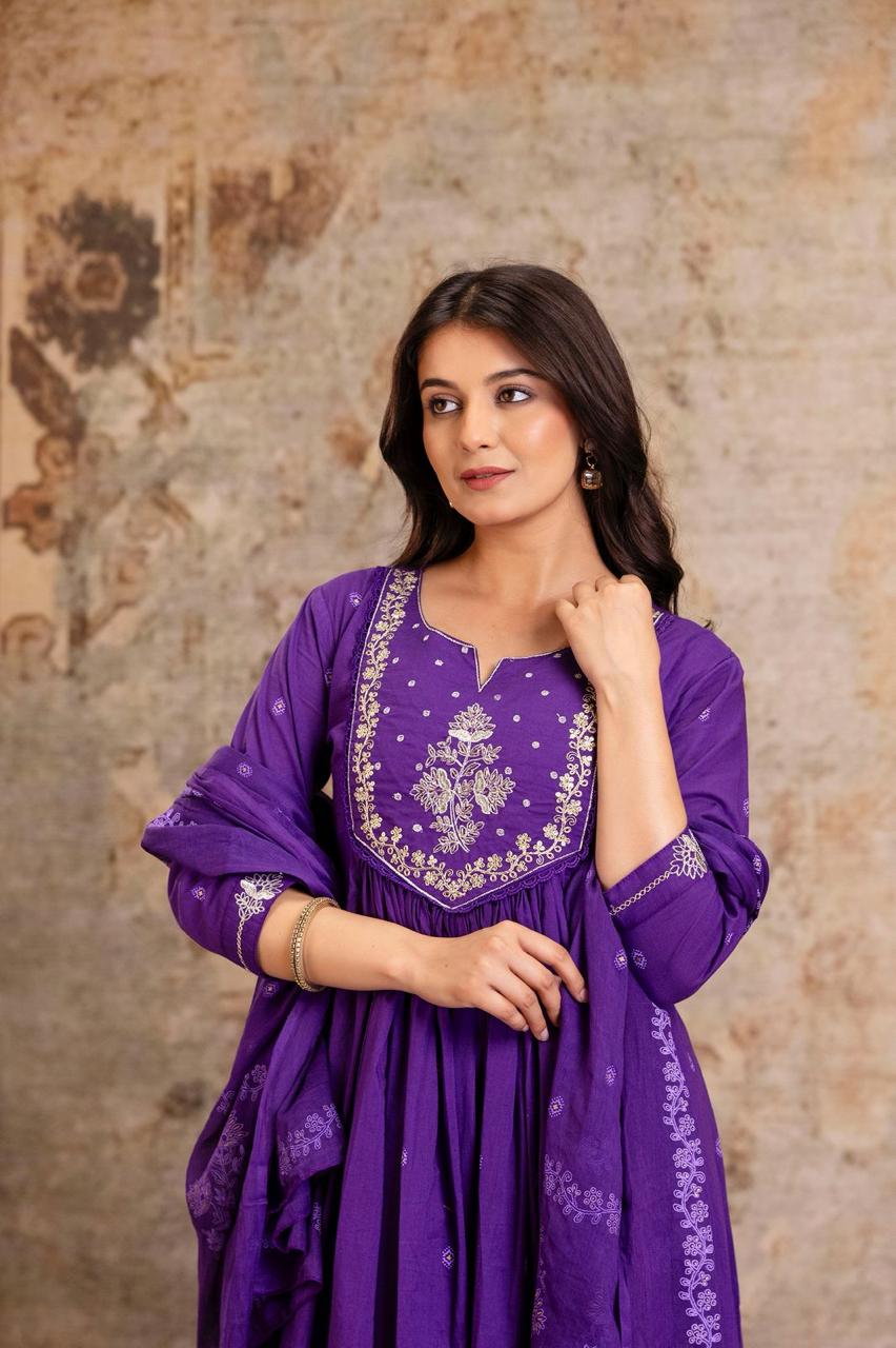 Embroidered A-Line Cotton Kurta Pant Dupatta Set