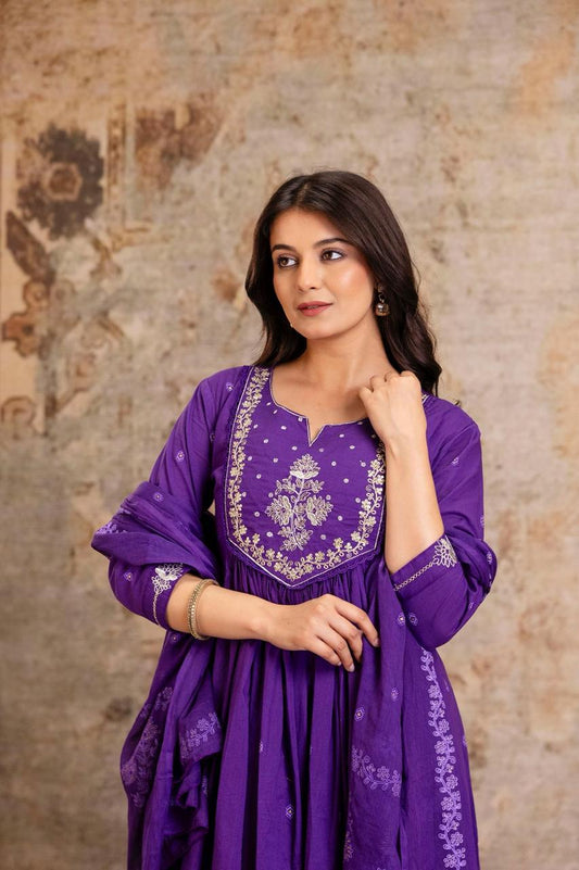 Embroidered A-Line Cotton Kurta Pant Dupatta Set