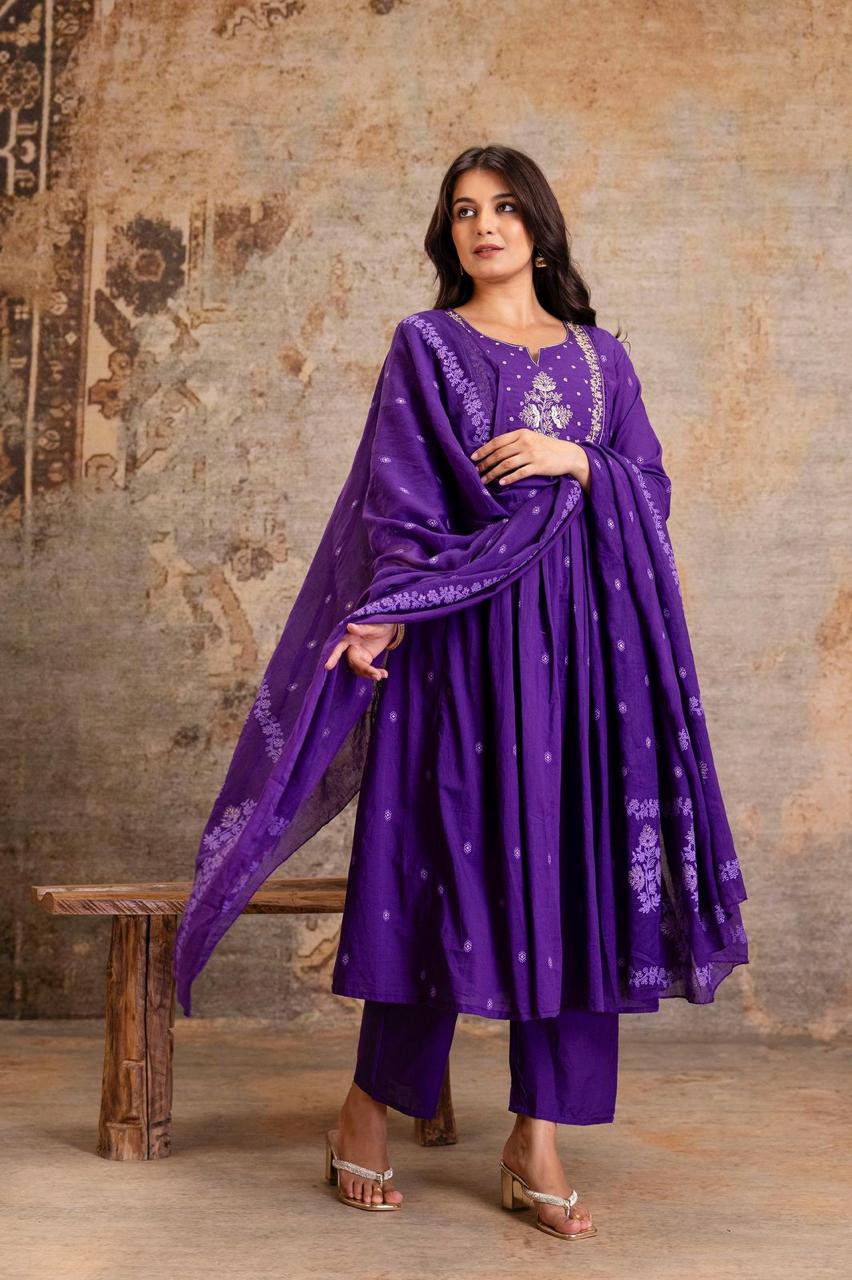 Embroidered A-Line Cotton Kurta Pant Dupatta Set