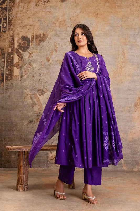 Embroidered A-Line Cotton Kurta Pant Dupatta Set